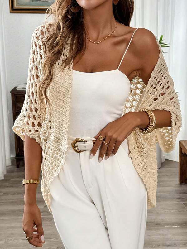 EMERY ROSE Spring/Summer Batwing Loose Hollow Out Elegant Women's Cardigan With Wide Straps
