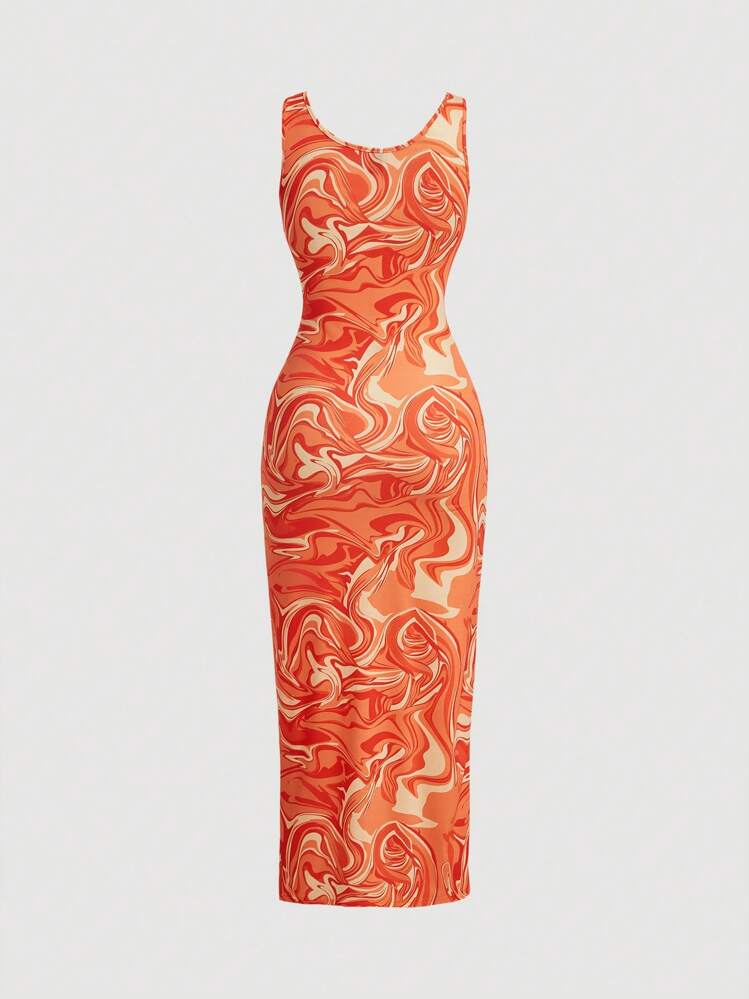 SHEIN MOD Women's Lateral Split Side Sleeveless Marble Print Pink