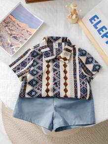 SHEIN Set di 2 pezzi per Bambino/bambina: Maglietta a manica corta con stampa retrò Soft Comfort e Pantaloncini a tinta unita. Progettati per abbigliamento versatile, comodo, alla moda e confortevole adatto all'accademia e al tempo libero - Blu - Visualizzare 6