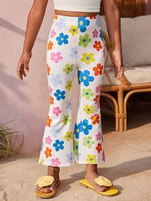SHEIN Pantalones acampanados con estampado de flores para niña joven - Multicolor - Ver 4
