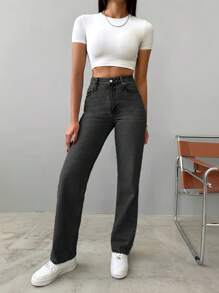 EURMUSE 100%Cotton Slant Pocket Casual Straight Cut Jeans - Grey - View 3