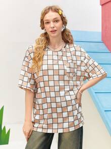 Mr Men Little Miss X SHEIN Unisex 1pc Casual Loose Knit Cartoon Pattern Plaid Printed Short Sleeve T-Shirt For Summer - Multicolor - View 5
