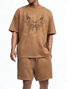 Manfinity NXTstreet Men Spring/Summer Casual Butterfly Printed Letter Embroidered Short Sleeve T-Shirt And Shorts Set - Brown - View 7