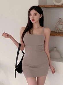DAZY 女款純色簡約日常長袖夾克洋裝 2件套 夏季居家休閒套裝 - 卡其色 - 查看 2