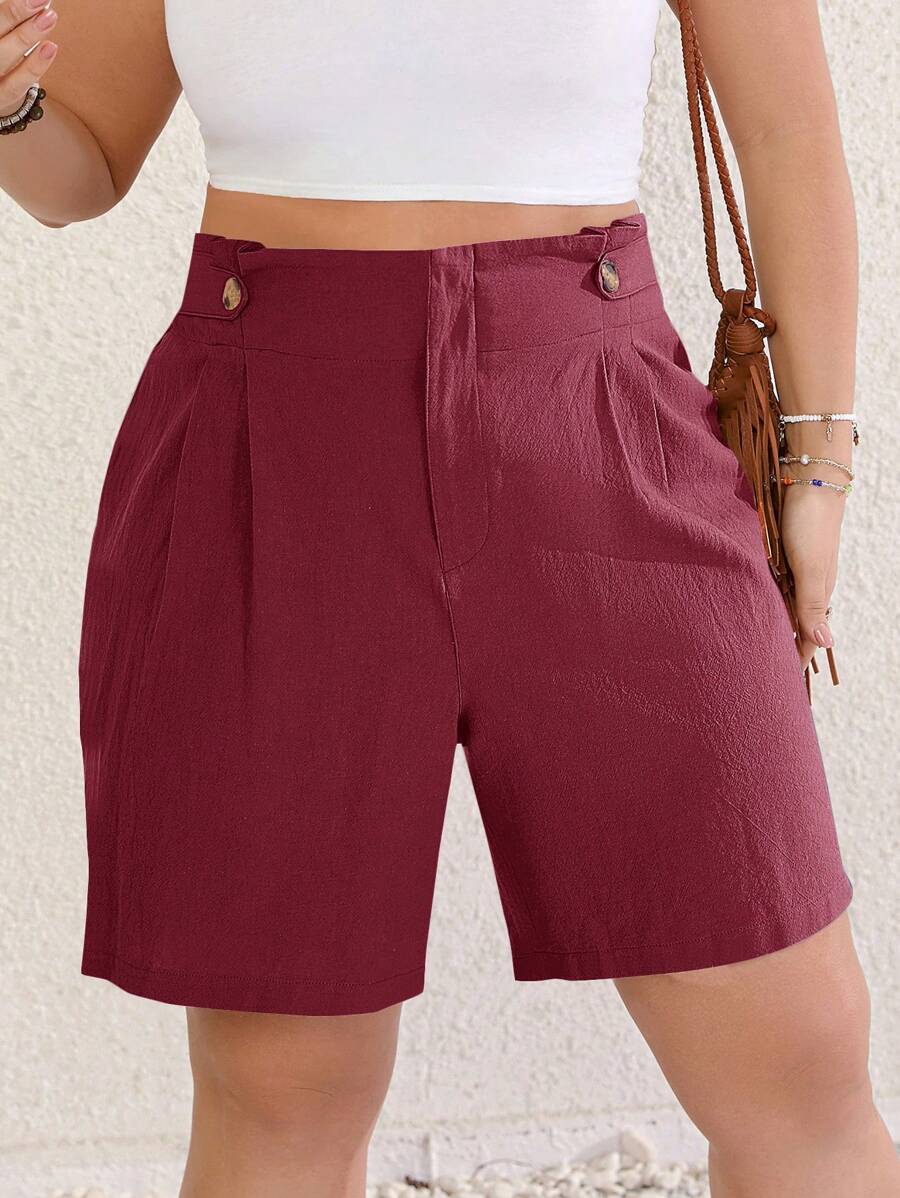 SHEIN LUNE 大尺碼夏季假日休閒純色短褲 - 酒紅色 - 查看 1