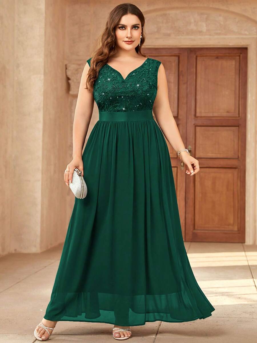 Đầm dạ hội cỡ lớn cổ tim đính sequin, phối ren và chiffon màu tương phản, thanh lịch cho dạ hội, đám cưới, lễ tốt nghiệp, lễ hội và các dịp trang trọng khác.