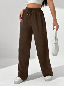 StreetHx Quần ống rộng cạp cao, màu trơn, dây rút, quần ống đứng cho nữ, quần thể thao ống rộng, quần rộng - Cà phê nâu - Xem 5