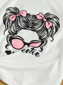 SHEIN Ensemble assorti décontracté pour jeune fille avec motif mignon de fille et pantalon floral