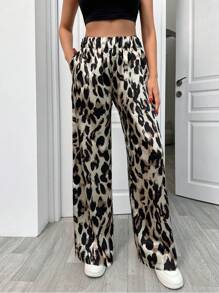 EURMUSE Leopar Printed Satin Low Waist Pant - Brown - View 3