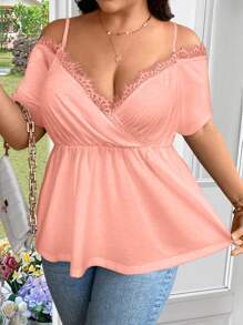 SHEIN Clasi Plus Summer Eyelash Lace Trim Cold Shoulder Peplum Tee - Pink - View 1