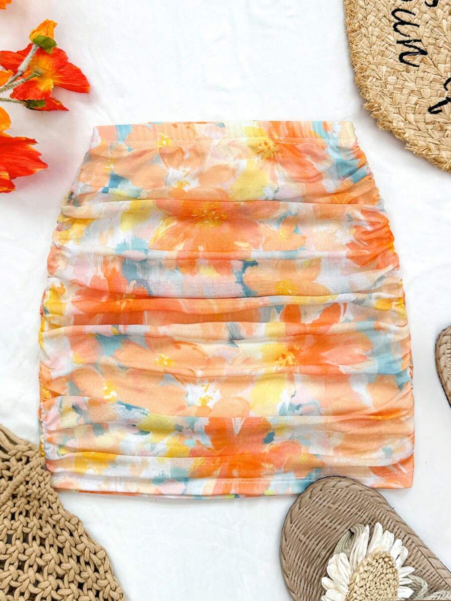 Soleia 女士度假夏季休闲花卉油画扎染印花迷你裙，弹力腰部毕业派对裙 - 彩色 - 查看 1