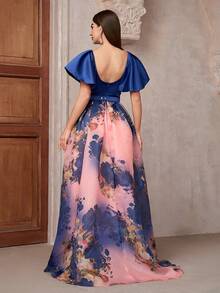 Vestido maxi de dama de honor con estampado floral, escote de corazón y mangas cortas con volantes, vestido elegante - Multicolor - Ver 3