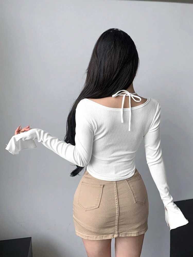 Women's Spring/Summer Solid Color Sweetheart Collar Front Tie Pleated Long Sleeve T-Shirt,Fall Clothes