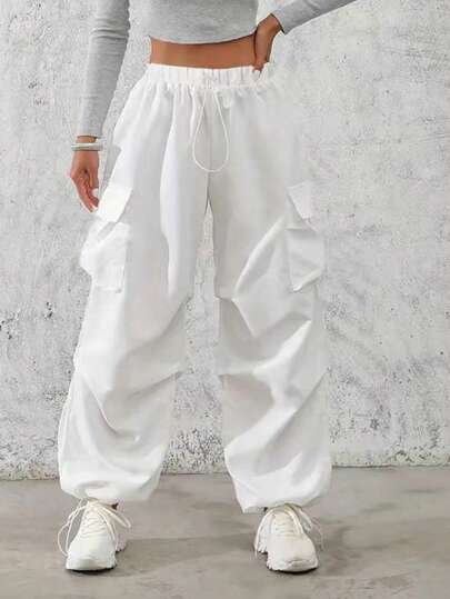 Chiquease 純色寬鬆束腰寬褲，休閒翻邊口袋時尚百搭長褲