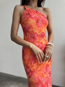 Firerie Vestido largo y elegante con estampado floral, diseño de cola de pez con dobladillo retorcido y un solo hombro, adecuado para vacaciones, citas y festival de música para mujeres