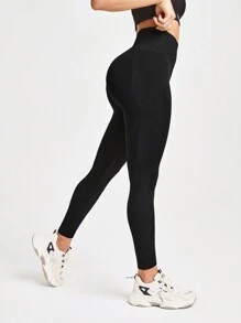 SHEIN Sports 女性純色簡約日常運動打底褲 - 黑色 - 查看 7