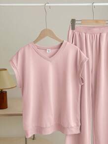 SHEIN Tween Girls' Knitted Plain Basic Loose-Fit V-Neck T-Shirt And Wide Leg Casual Pants Two-Piece Set - Pink - View 4