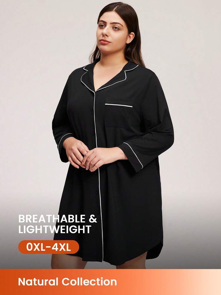 Große Größen Weiche Baumwolle Frauen Luxus Schwarzer Nachthemd Stilvoller Knopfverschluss Schlafkleid mit weißer Borte Elegante Loungewear Freund Pyjama Haushemd