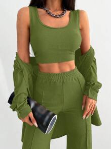 EURMUSE Solid Cami Top & Pants & Drop Shoulder Coat For Dailywear - Olive Green - View 4