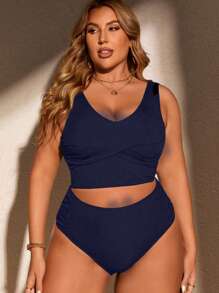 SHEIN Swim Curve Zwykły, podstawowy zestaw bikini dla kobiet w dużych rozmiarach, letnie kostiumy kąpielowe plażowe