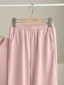 SHEIN Tween Girls' Knitted Plain Basic Loose-Fit V-Neck T-Shirt And Wide Leg Casual Pants Two-Piece Set - Pink - View 5