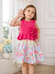 SHEIN Young Girl Light Pink Summer Birthday Knitted Sleeveless Top With 3D Flower Pattern,Woven Heart Shaped Pattern A-Line Skirt,2pcs/Set Casual Outfits - Hot Pink - View 1