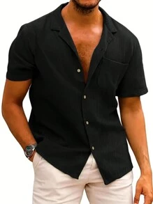 Men Solid Pocket Patched Shirt - Black - View 1