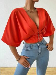 BamGleam Áo sơ mi thắt eo cổ chữ V sâu màu trơn mùa hè - trái cam - Xem 5