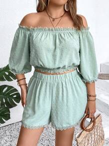 SHEIN Clasi Plus Size Women's Solid Color Minimalist Daily Off-Shoulder Top And Shorts Set - Mint Green - View 6