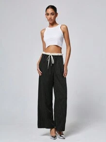 Chiquease Pantalon long polyvalent à rayures à jambes larges rétro à la mode de style américain avec double taille en blocs de couleurs décontracté - Multicolore - Voir 4