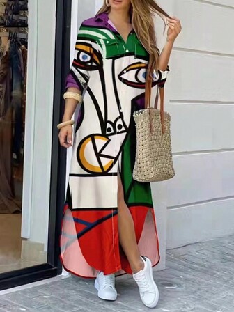 Women's Fashion Long Sleeve Patterned Print Shirt Collar Loose Casual Long Dress