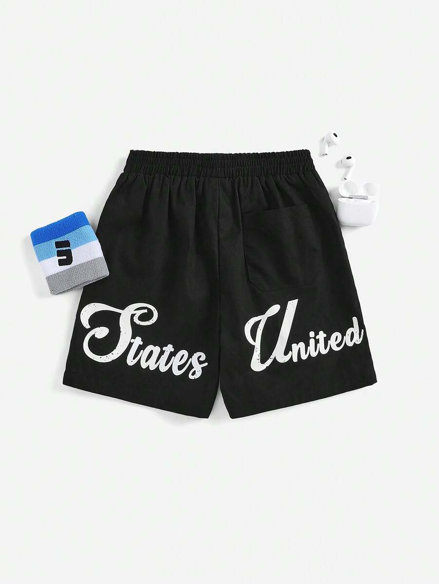 SHEIN 男孩編織純色字母印花束腰短褲，側口袋設計 - 黑色 - 查看 1