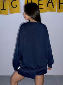 SHEIN Unity Bộ 2 chiếc áo thun dài tay cổ tròn in chữ thông thường và quần short cho nữ - Màu xanh hải quân - Xem 2