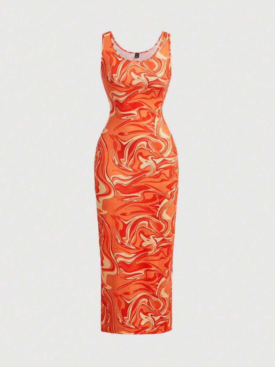 SHEIN MOD Vestido rosa con estampado de mármol para mujer con aberturas laterales en las mangas sin mangas - Naranja - Ver 1