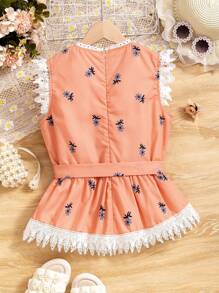 SHEIN Top semplice da decorare con cintura per ragazze dai 9 ai 14 anni con stampa casuale per l'uso quotidiano - Arancione - Visualizzare 2