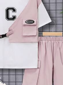 SHEIN Tween Boy Loose Fit Casual Hooded 2 In 1 T-Shirt And Shorts Set - Pink - View 4