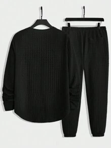 Manfinity VCAY 男士字母贴花T恤和抽绳腰带运动裤夏季套装 - 黑色 - 查看 2