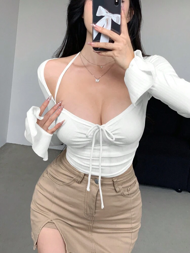 Women's Spring/Summer Solid Color Sweetheart Collar Front Tie Pleated Long Sleeve T-Shirt,Fall Clothes