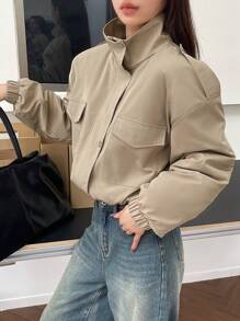 DAZY 女士纯色简约日常穿着长袖棉衣，冬季女装，冬季外套女夹克 - 卡其色 - 查看 4