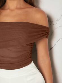L'Amorae Ruched Contrast Mesh Asymmetrical Neck Brown Bodysuit - Brown - View 4