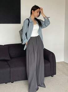 DAZY 女式宽松条纹休闲/校园衬衫学院风上衣，秋季女装长袖上衣 - 霧霾藍 - 查看 2