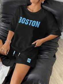 SHEIN EZwear Czarny damski dres o luźnym kroju z nadrukiem - Czarne - Zobacz 6