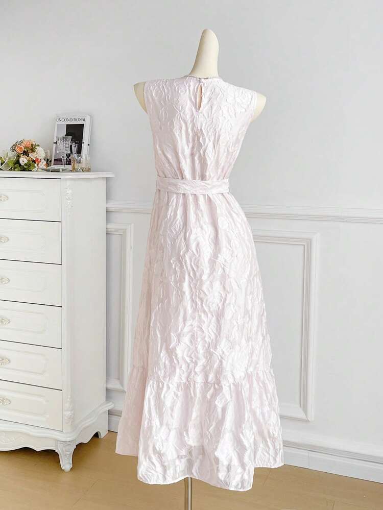 Women's Solid Color Round Neck Sleeveless Belted Summer Elegant Dress