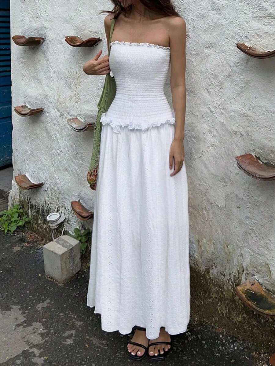 SHEIN Essnce Damska swobodna sukienka boho z grubego lnu, plisowana, bez ramiączek, biała, z paskiem, letnia, długa - Biały - Zobacz 1