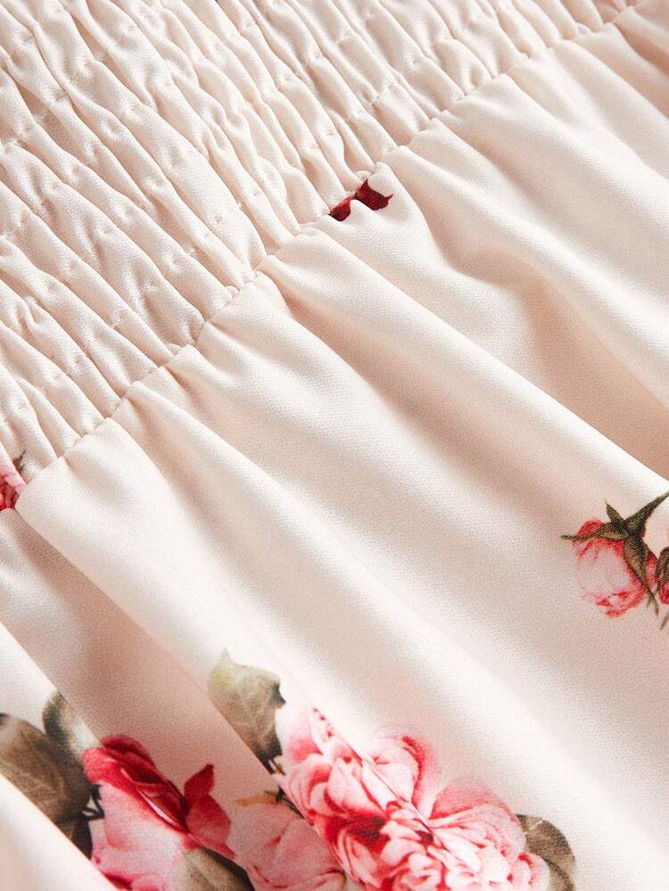 Plus Double-Layer Waterdrop V-Neck With Ruffled Sleeves, Waistband Pleated Floral Print Date Dress