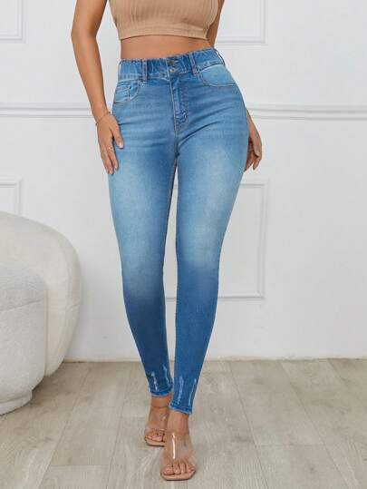 SHEIN Cottnline Pantalones ajustados con doble botón y detalles de cinturón elástico