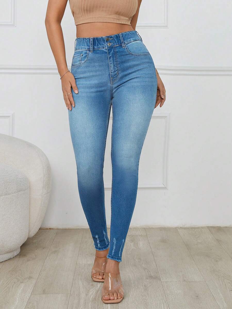 RueChic ELASTIC BELT DETAIL  DOUBLE BUTTON  SKINNY - Medium Wash - View 1