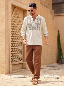 Manfinity RSRT 男士时尚印花中长袖 V 领衬衫，长款纽扣领图案衬衫，适合外出，秋季