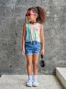 Girls' Tie-Dye Vest And Blue Denim Shorts Set, 2pcs