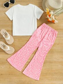 SHEIN Ensemble assorti décontracté pour jeune fille avec motif mignon de fille et pantalon floral